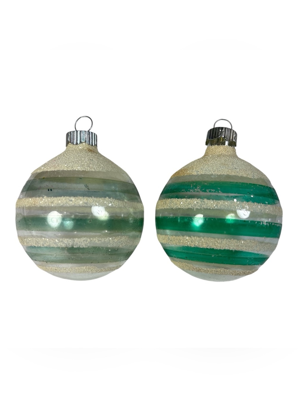 2 Vintage Unsilvered Shiny Brite Glass Christmas Ornament Ball Mica Green Stripe